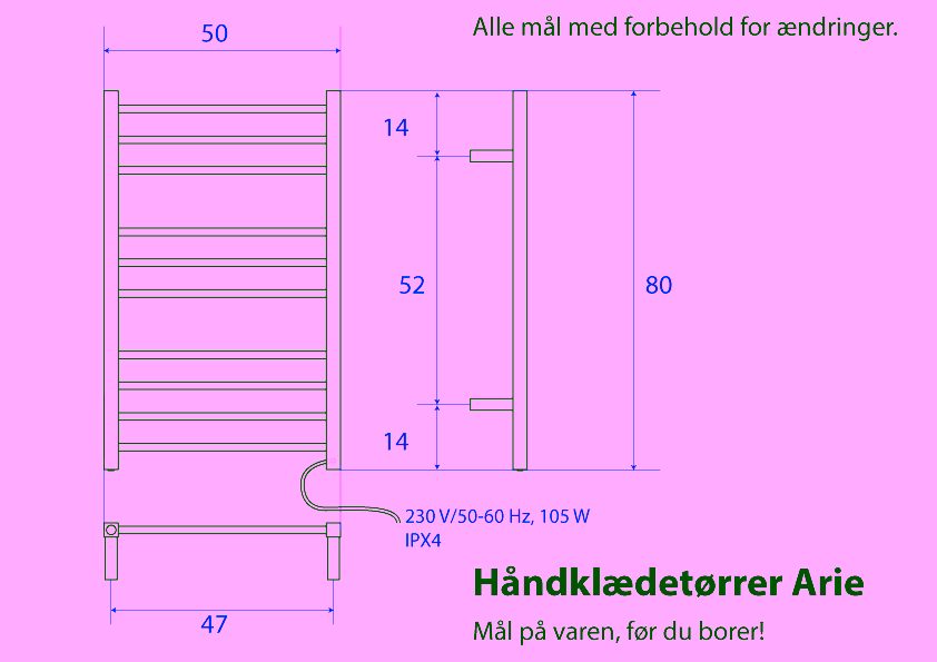 Måltegning for 7009 Arie håndklædetørrer. Fra SPA Kompagniet.