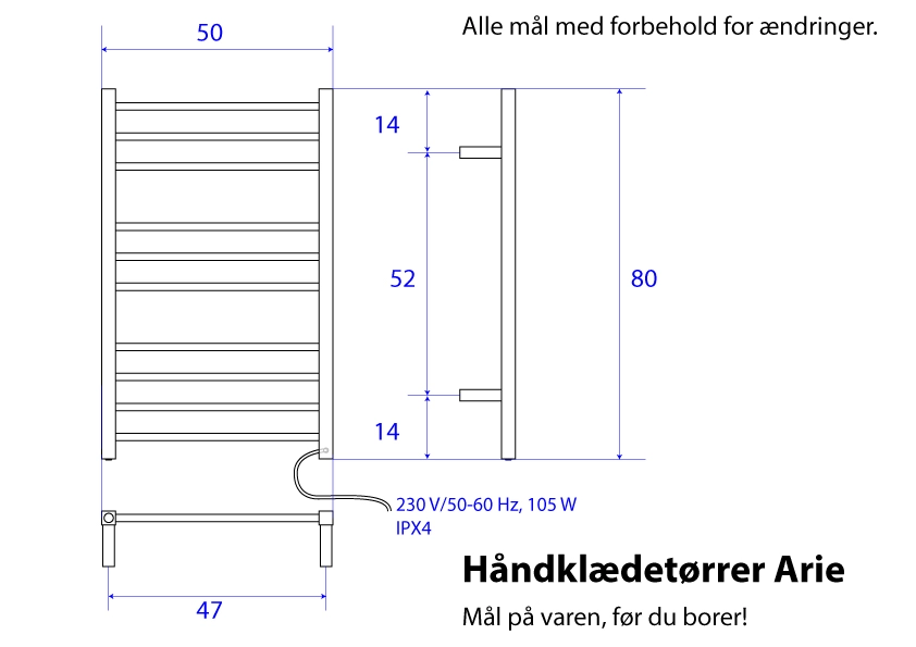 Måltegning for 7009 Arie håndklædetørrer. Fra SPA Kompagniet.