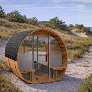 Hudson Bay udendørs tøndesauna i strandmiljø. | SPA Kompagniet