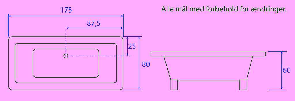 Måltegning for Helgenæs akrylbadekar fra SPA Kompagniet.