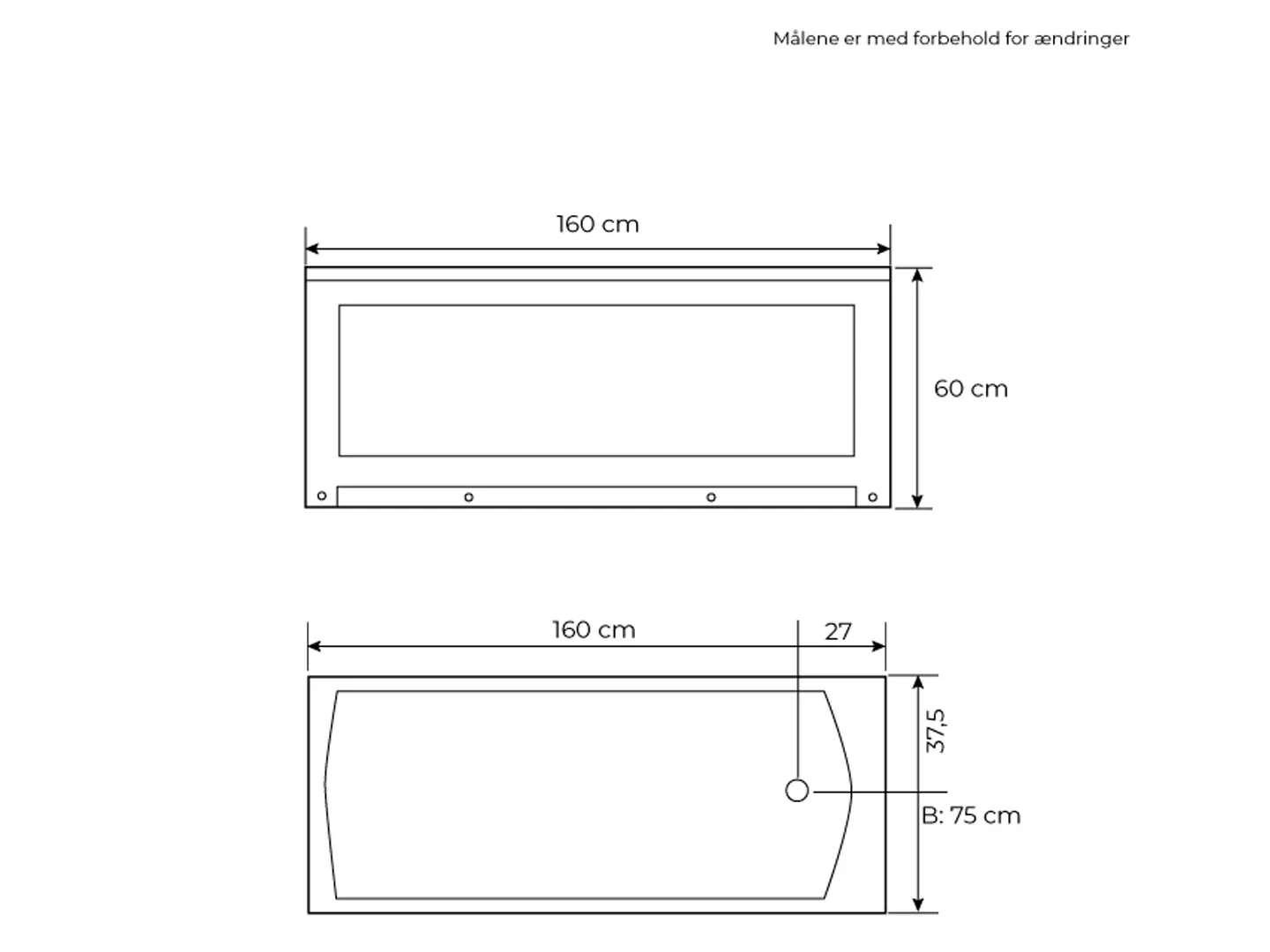 Måltegning for New Image 160 cm badekar fra SPA Kompagniet.