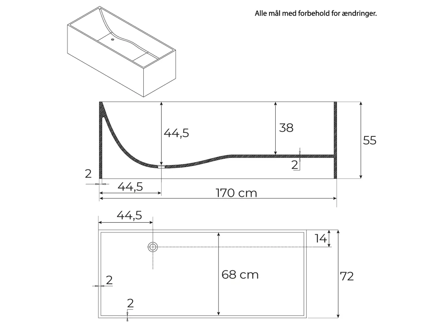 Måltegning for RockSolid stenbadekar Badia 170 cm. fra SPA Kompagniet.