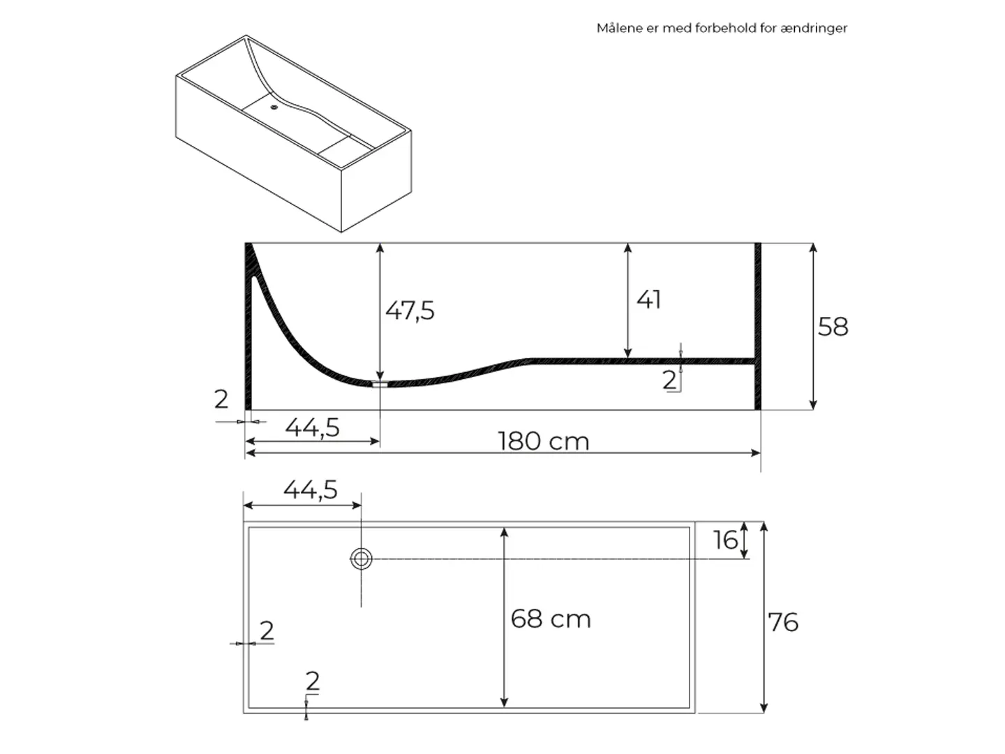 Måltegning for Badia RockSolid stenbadekar 180 cm. fra SPA Kompagniet.
