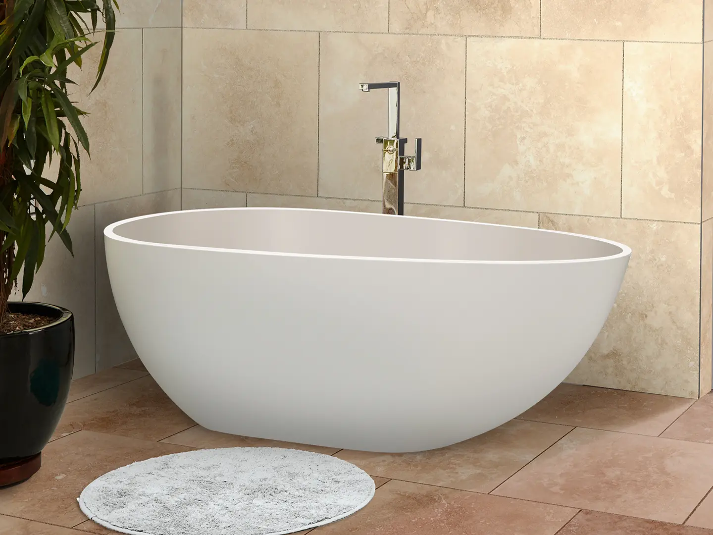 Rimini RockSolid stenbadekar 145 cm i badeværelsesmiljø. Fra SPA Kompagniet.