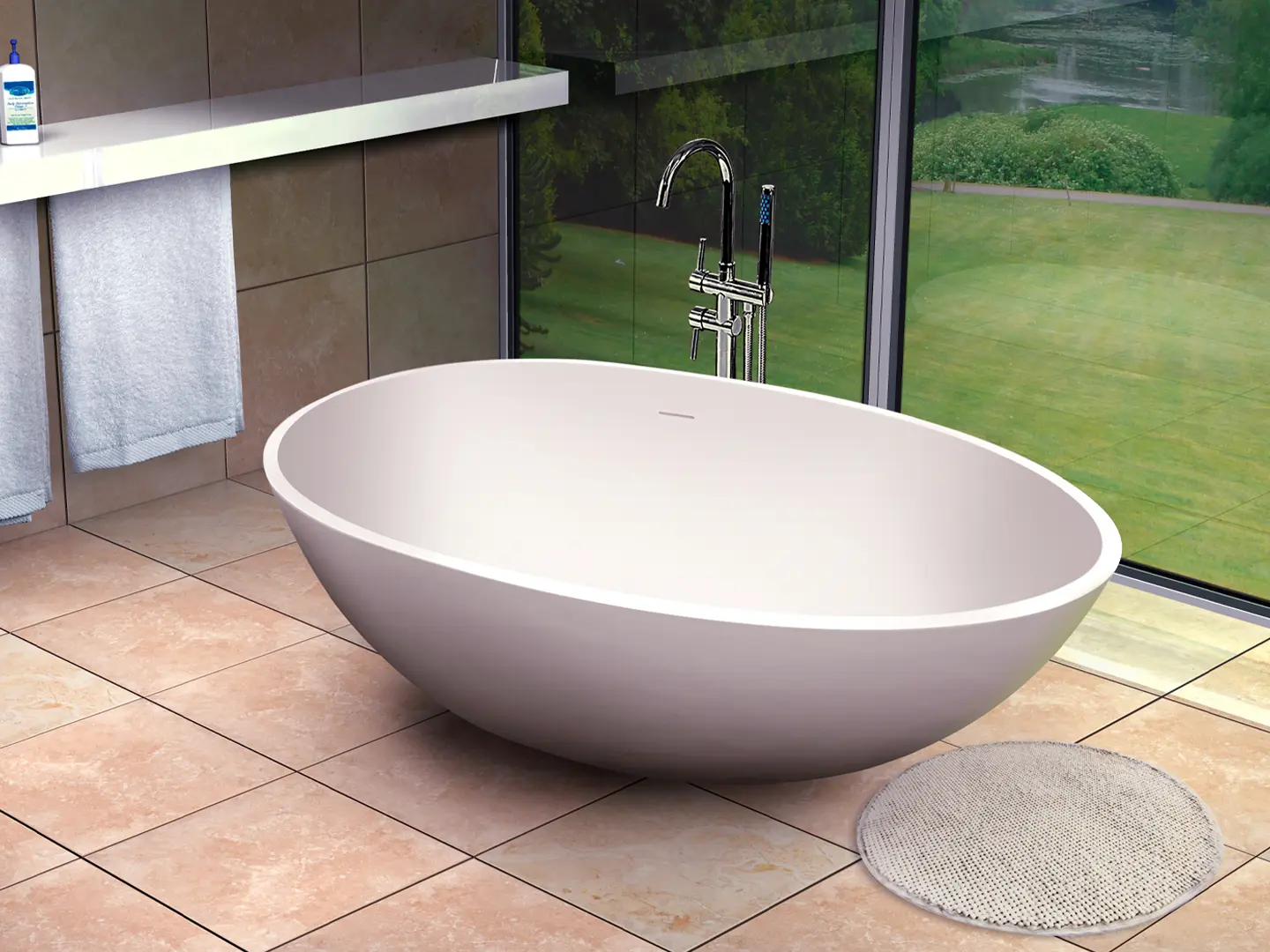 Rimini RockSolid stenbadekar 145 cm i badeværelsesmiljø. Fra SPA Kompagniet.