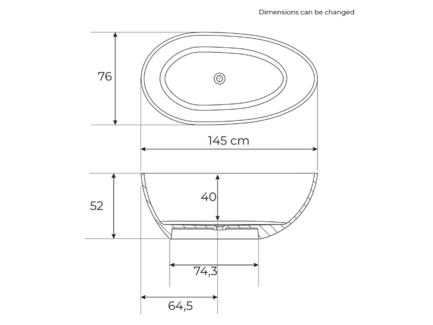 Måltegning for Rimini RockSolid stenbadekar 145 cm. fra SPA Kompagniet.