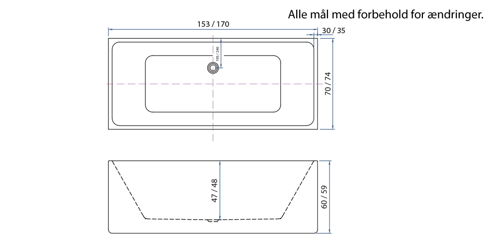Måltegning for Ydernæs fritstående badekar fra SPA Kompagniet.