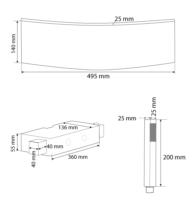 Måltegning for 5001 Rainbow 3D Shelf bruser. Fra SPA Kompagniet.