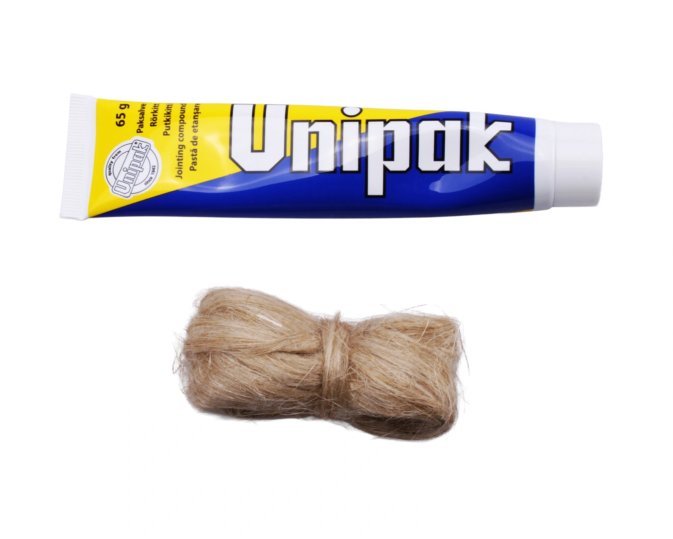 Unipack paksalve med pakgarn til montering af armaturer. Fra SPA Kompagniet.