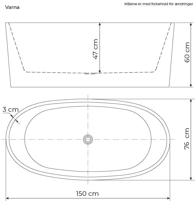 Måltegning til Varna Akrylbadekar 150 cm. Fra SPA Kompagniet.