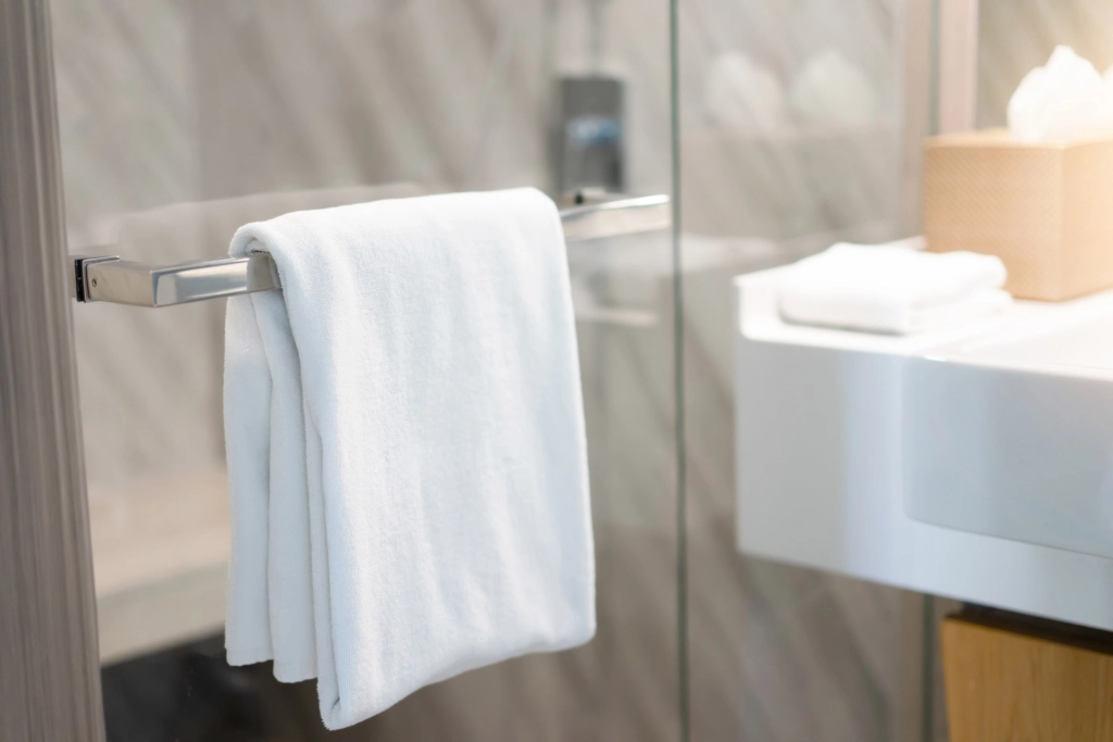 Moderne brusedør i glas installeret i et stilrent badeværelse_Spa kompagniet