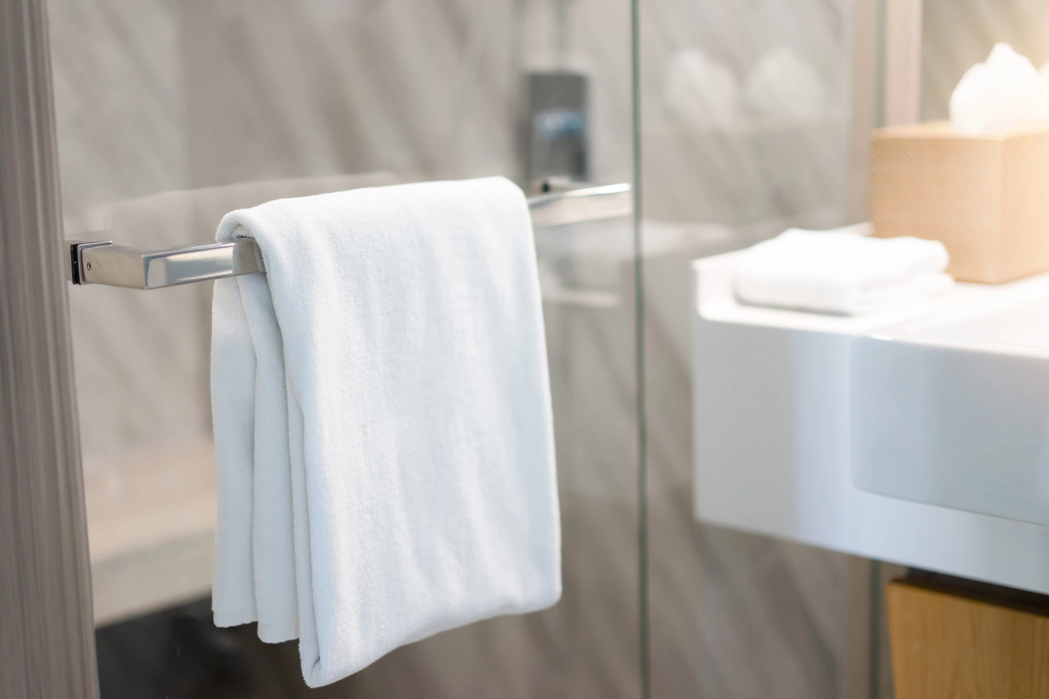 Moderne brusedør i glas installeret i et stilrent badeværelse_Spa kompagniet